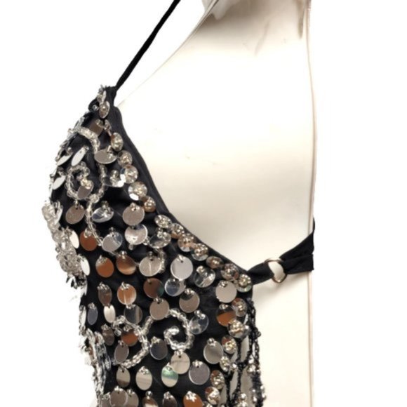 Black Sequin Halter Crop Top Silver Sequin Backless Belly Dancing Tops NEW - Picture 2 of 11